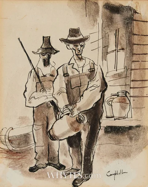 TWO MEN WITH JUG by George Campbell, ink and wash, offered Mar 2025