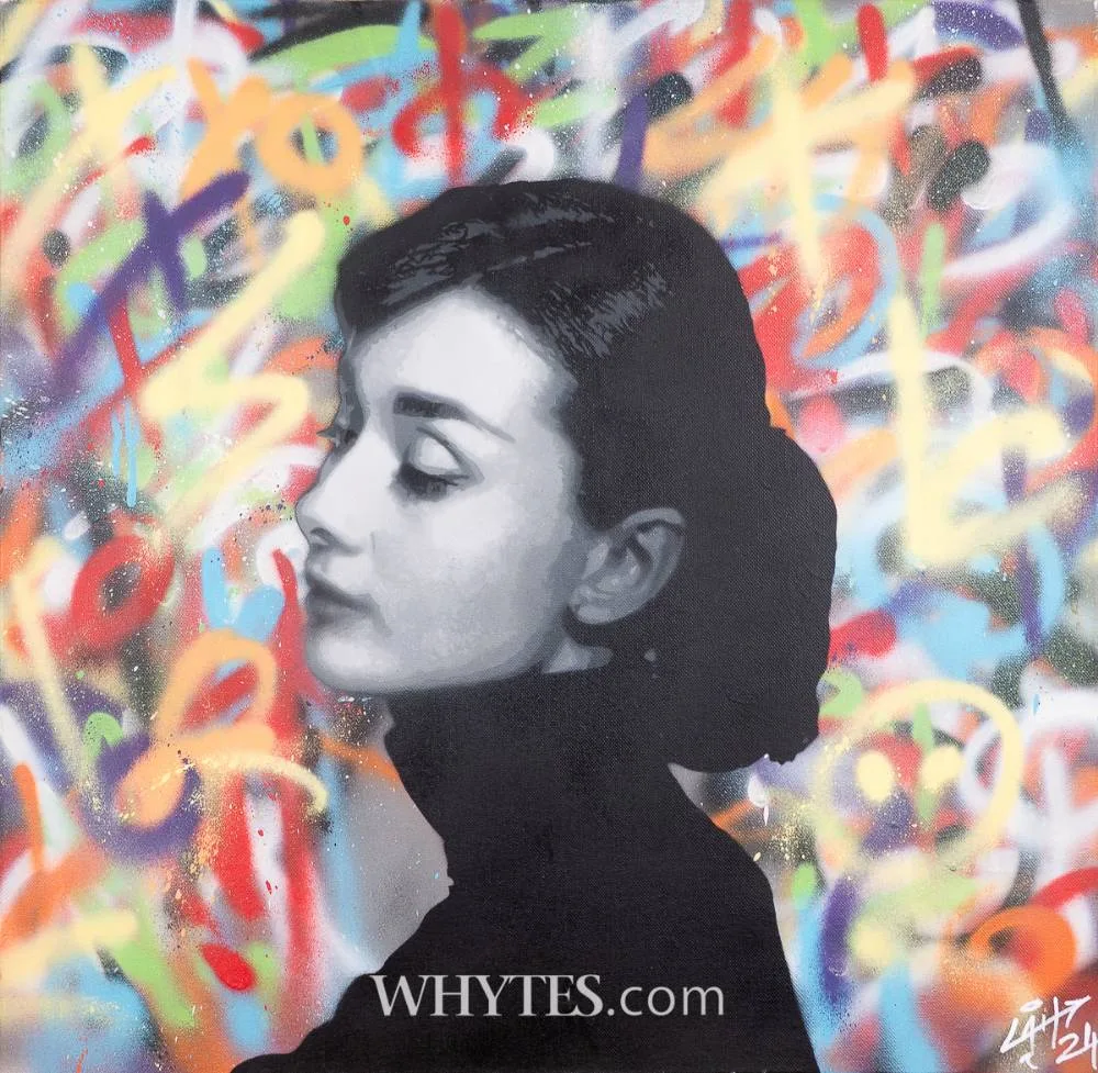 Nevan Lahart, AUDREY HEPBURN, 2024, spraypaint and stencil on canvas; (unframed)