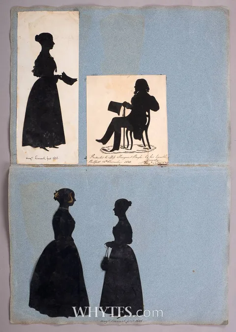 Auguste Edouart, THREE LADIES AND A GENTLEMAN (SET OF FOUR), 1838, silhouette, cut-out laid on scrapbook pages