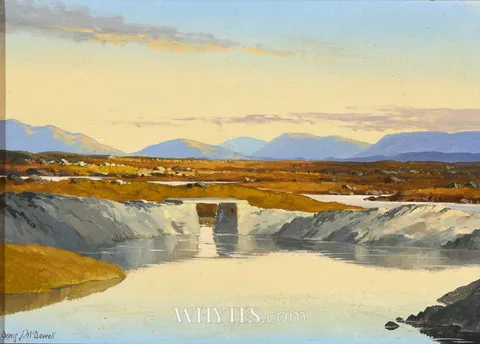 Denis J. McDowell, THE LITTLE BRIDGE, TOWARDS THE TWELVE PINS AND MAUMTURKS, CONNEMARA, oil on canvas