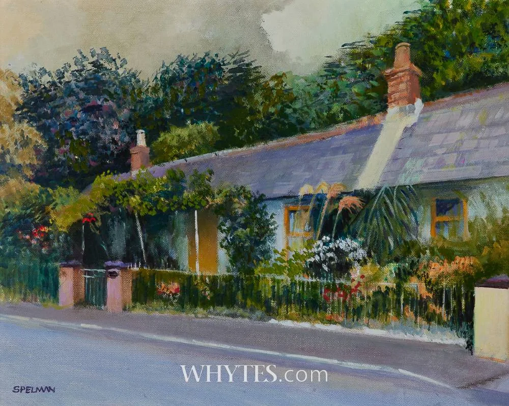 COTTAGES by Tom Spelman, oil on board, sold Mar 2025