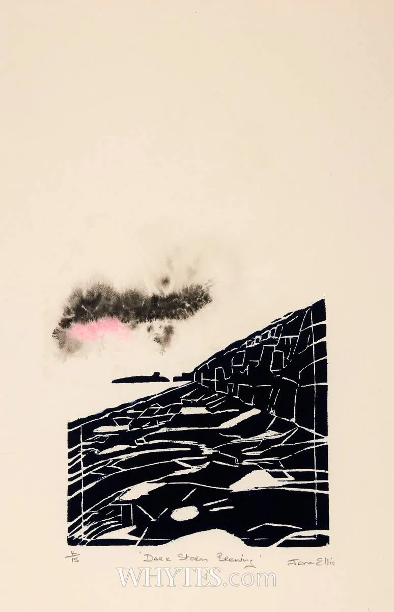 Jane Ellis, DARK STORM BREWING, woodblock print and Indian ink; (no. 4 from an edition of 15)