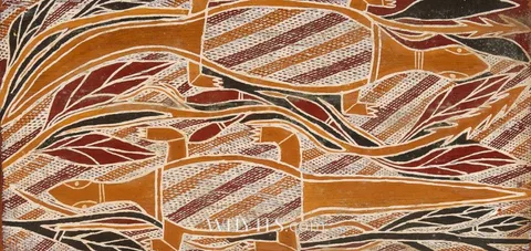 Paddy Dhatangu, TOTEMIC GOANNA AND BUSH VEGETATION, 1979, natural earth pigments on eucalyptus bark