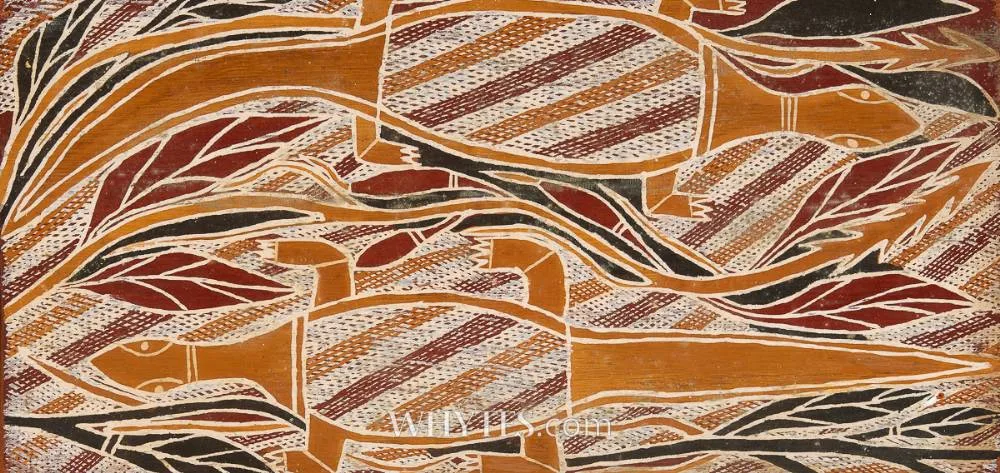 Paddy Dhatangu, TOTEMIC GOANNA AND BUSH VEGETATION, 1979, natural earth pigments on eucalyptus bark