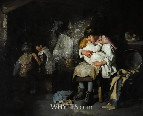 MOTHER TENDING TO CHILDREN by Robert Gemmell Hutchison, oil on canvas, sold Mar 2025