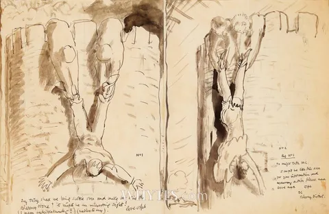 William Orpen, KISSING THE BLARNEY STONE, ink and wash