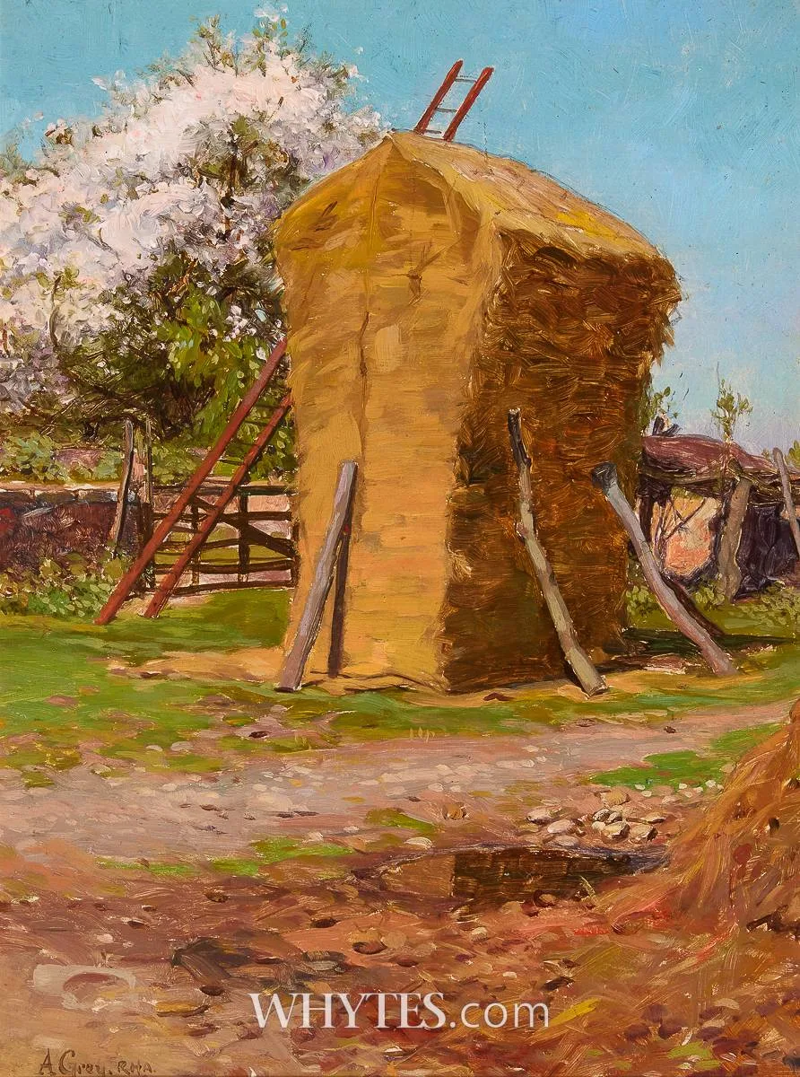 HAYSTACK AND BLOSSOM by Alfred Grey, oil on board, sold Mar 2025