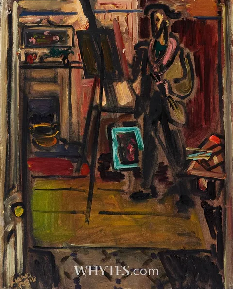 THROUGH THE DOOR (GEORGE CAMPBELL IN HIS STUDIO) by Nano Reid, c.1949, oil on canvas, sold Mar 2025