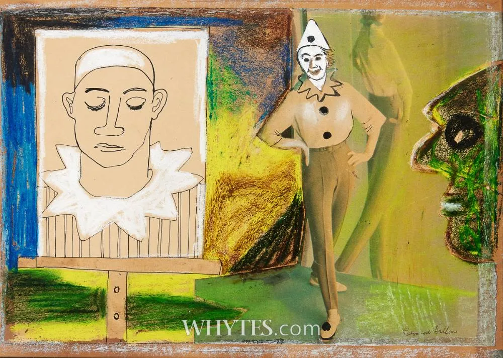 CLOWNS by Gerard Dillon, pastel and collage elements, sold Mar 2025