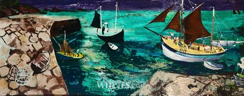 Kenneth Webb, FISHERMEN ON BOAT IN HARBOUR, oil on panel