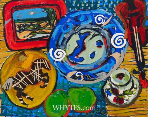 STILL LIFE WITH VIOLIN AND DISHES by Elizabeth Cope, oil and collage elements on canvas, sold Mar 2025