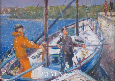 FISHERMEN, CARRAROE, COUNTY GALWAY by James O'Halloran, oil on board, offered Dec 2024