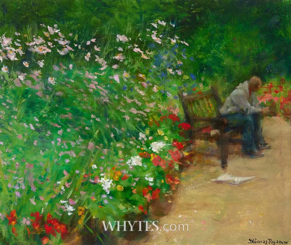 GARDEN BENCH by Thomas Ryan, 2002, oil on board, sold Dec 2024