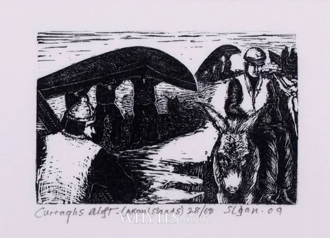 CURRAGHS ALOFT, 2009 and PRAYERS AT KILRONAN CROSS, 2009, ARAN ISLANDS (A PAIR) by Joseph Sloan, wood engraving; (2); (unframed), offered Dec 2024