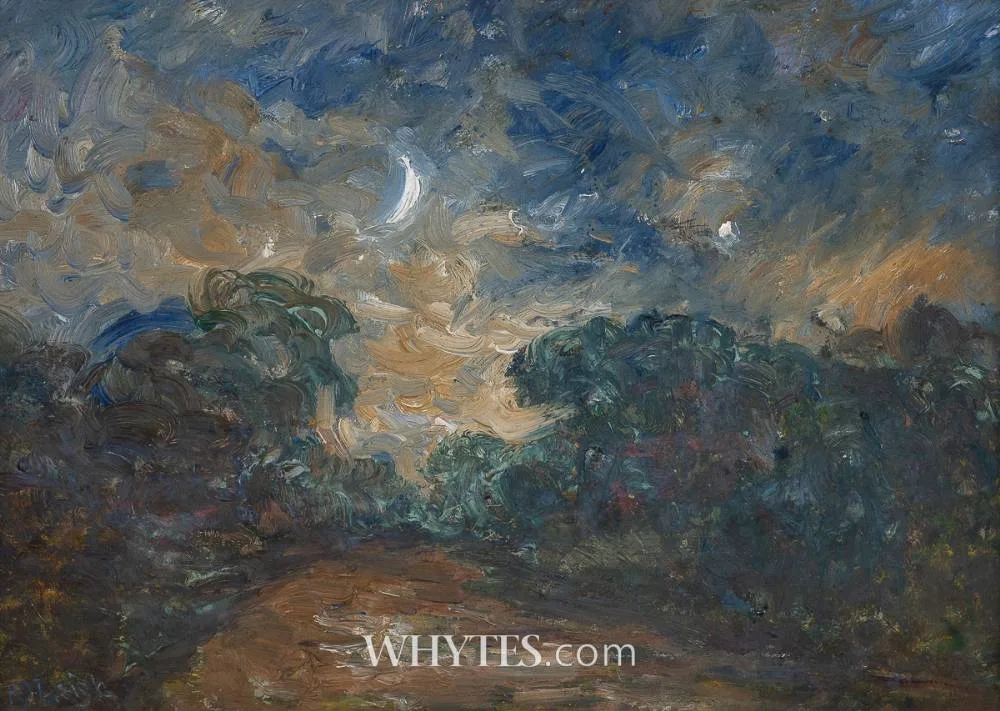 FOREST PATH BY MOONLIGHT by Rose J. Leigh, oil on panel, offered Dec 2024