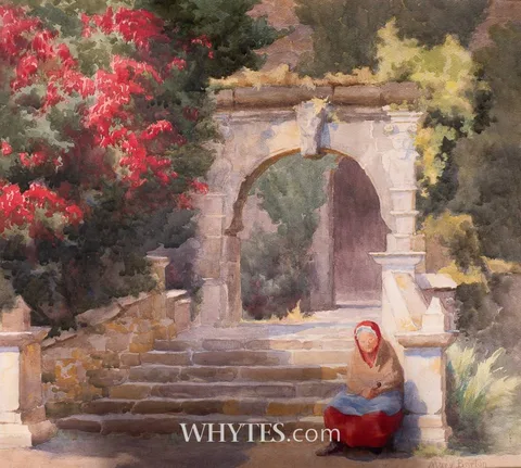 SEATED FIGURE BY AN ANCIENT ARCH by Mary Georgina Barton, watercolour; (unframed), sold Dec 2024