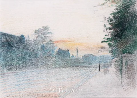 AT OUR DOOR, 39 WARWICK GARDENS, KENSINGTON, LONDON by Sir Robert Staples, 12th Baronet, crayon, offered Dec 2024