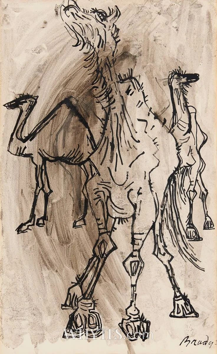 CAMELS by Charles Brady, ink with wash, sold Dec 2024