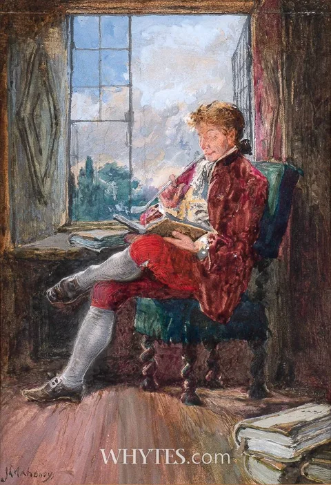 James Mahony, A GENTLEMAN READING BY THE WINDOW WHILE SMOKING A PIPE, watercolour and gouache