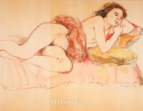 Jack Coughlin, FIGURE STUDY - RECLINING WITH RED ROBE ACROSS WAIST, 1994, watercolour