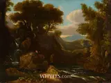 19th Century Irish School, LANDSCAPE WITH FISHERMEN BY A WATERFALL, MOUNTAINS BEYOND