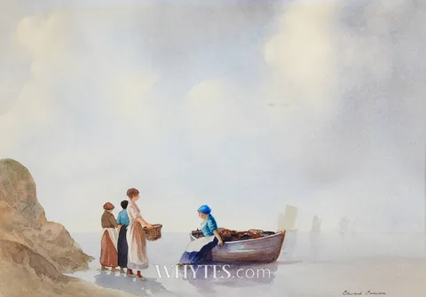 Edward Emerson, SEASHORE WITH SAILING BOATS AND FIGURES, watercolour