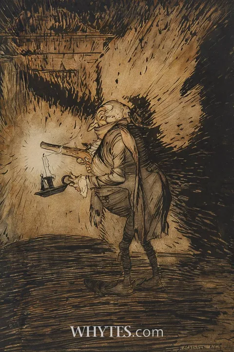 Arthur Rackham, AN ELDERLY MAN CARRYING A PISTOL AND A CHAMBER CANDLESTICK, 1904, ink and watercolour