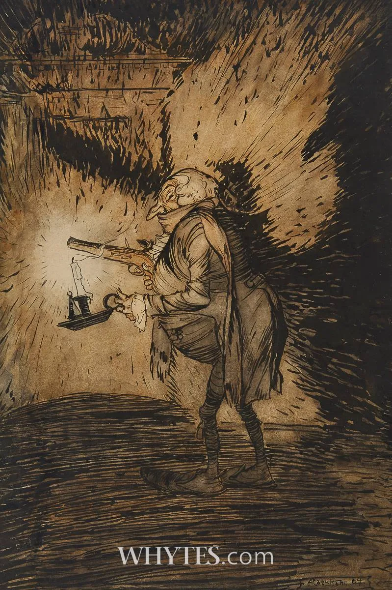 Arthur Rackham, AN ELDERLY MAN CARRYING A PISTOL AND A CHAMBER CANDLESTICK, 1904, ink and watercolour