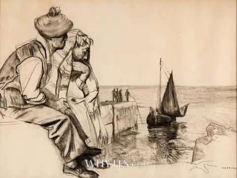 Seán Keating, ARAN ISLAND SCENE, charcoal on paper