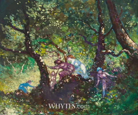 CHILDREN PLAYING IN A WOOD by George Russell, oil on canvas, sold Dec 2024