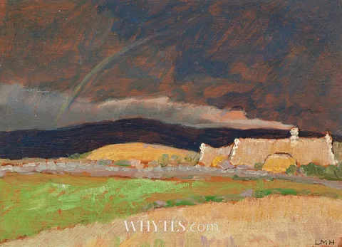 RAINBOW AND COTTAGES by Letitia Marion Hamilton, oil on board, sold Dec 2024