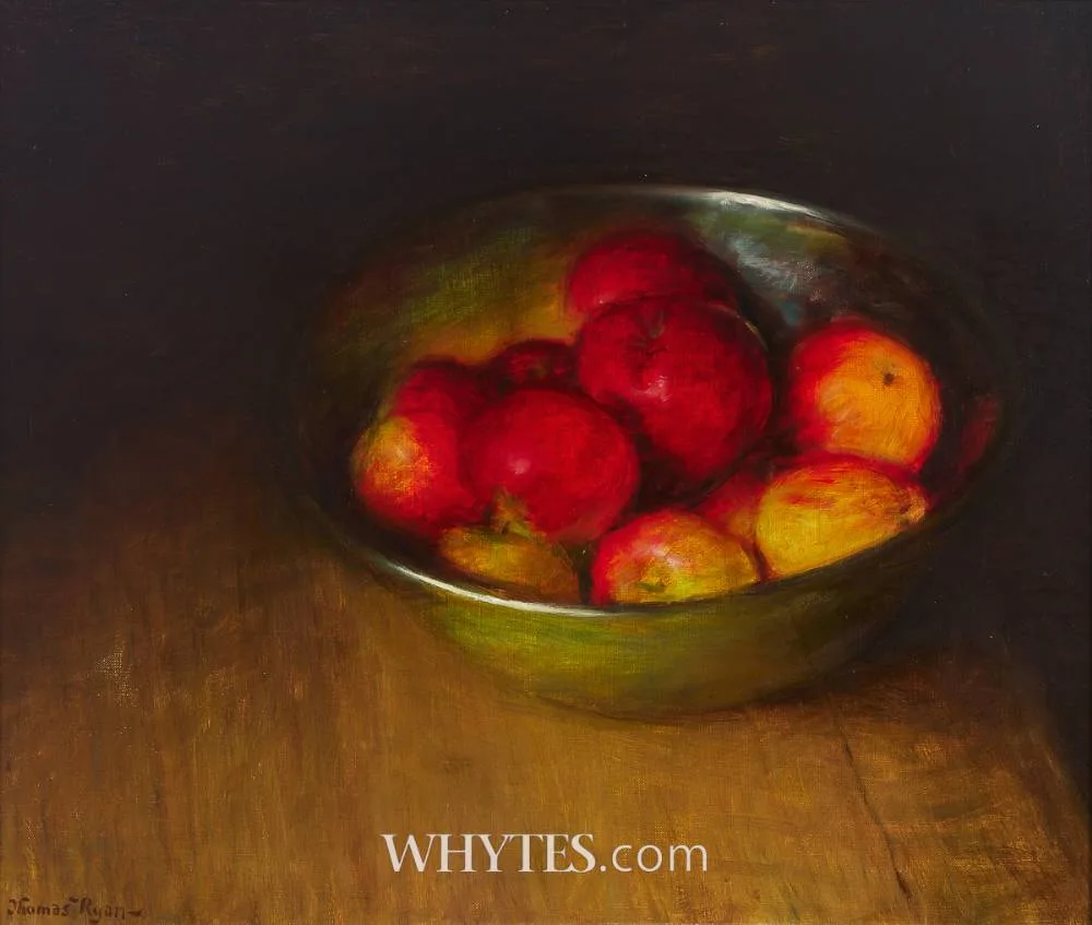 STILL LIFE WITH APPLES by Thomas Ryan, oil on canvas board, sold Dec 2024