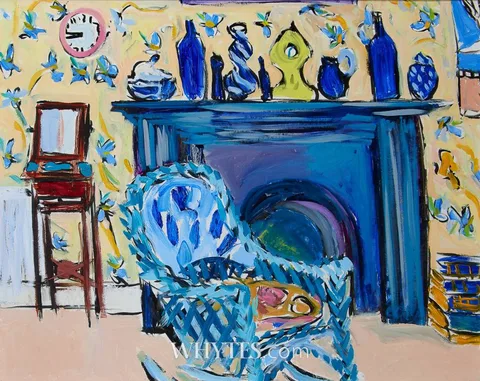 Elizabeth Cope, INTERIOR SCENE WITH WICKER ROCKER, oil on board
