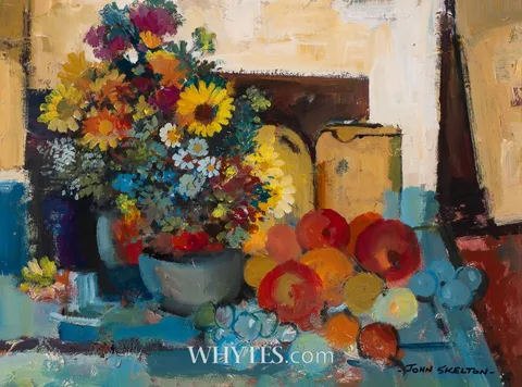 John Skelton, FRUIT AND FLOWERS - HOMAGE TO CÉZANNE, 1983, oil on board