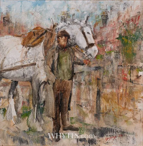 FIGURE AND HORSE, MOORE STREET, DUBLIN by Roy Lyndsay, oil on canvas, sold Oct 2024