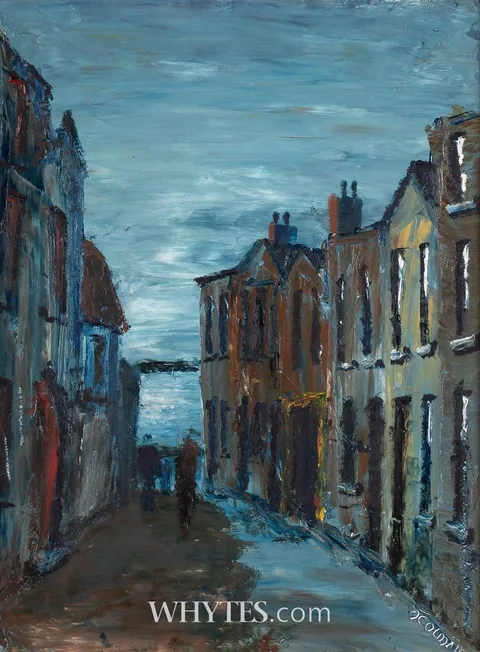 Séamus O'Colmáin, STREET SCENE BY THE COAST, oil on board