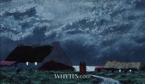 Ciaran Clear, MOONLIT COTTAGES AND FIGURES, oil on board