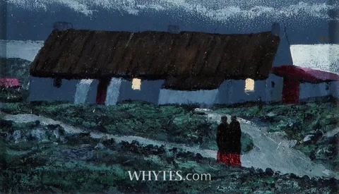 Ciaran Clear, MOONLIT COTTAGE WITH FIGURES, oil on board