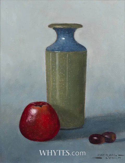 STILL LIFE WITH POTTERY VASE by Padraig Lynch, 2002, oil on board, sold Oct 2024