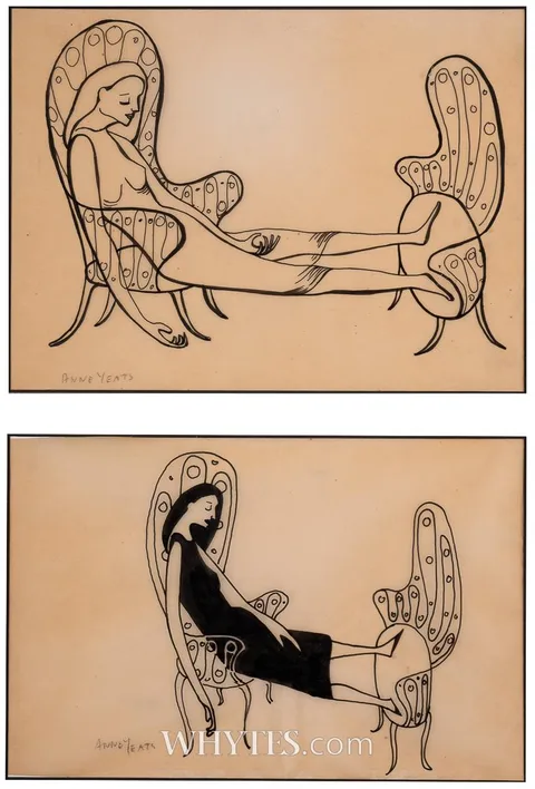 Anne Yeats, TWO ILLUSTRATIONS FOR COVER OF MARGADH NA SAOIRE, BAILÚCHÁIN VERSAÍ, MAIRE MHAC AN TSAOÍ, 1956 (A PAIR), ink on paper; (2); (framed together)