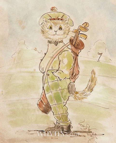Louis Wain, GOLFING CAT, watercolour and ink