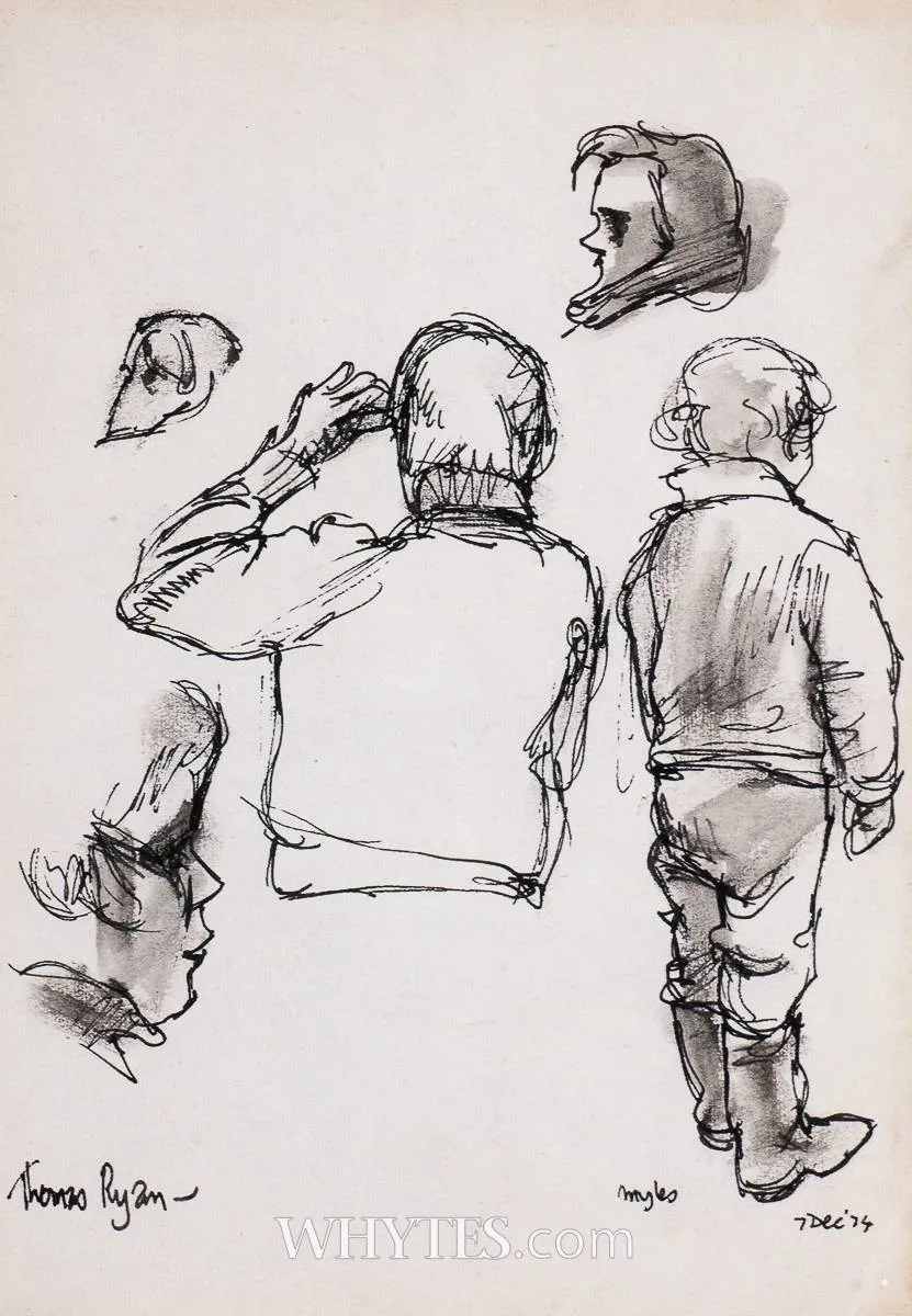 MYLES by Thomas Ryan, 1974, ink and wash, offered Oct 2024