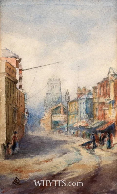STREET SCENE WITH VIEW OF CLOCK TOWER by Lilian Lucy Davidson, 1910, watercolour, sold Oct 2024