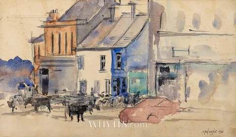 VILLAGE STREET WITH CATTLE by Maurice MacGonigal, 1962, watercolour, offered Oct 2024