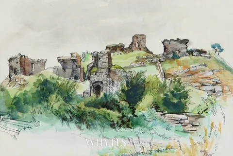Muriel Brandt, VIEW OF THE ROCK OF DUNAMASE, COUNTY LAOIS, watercolour and ink