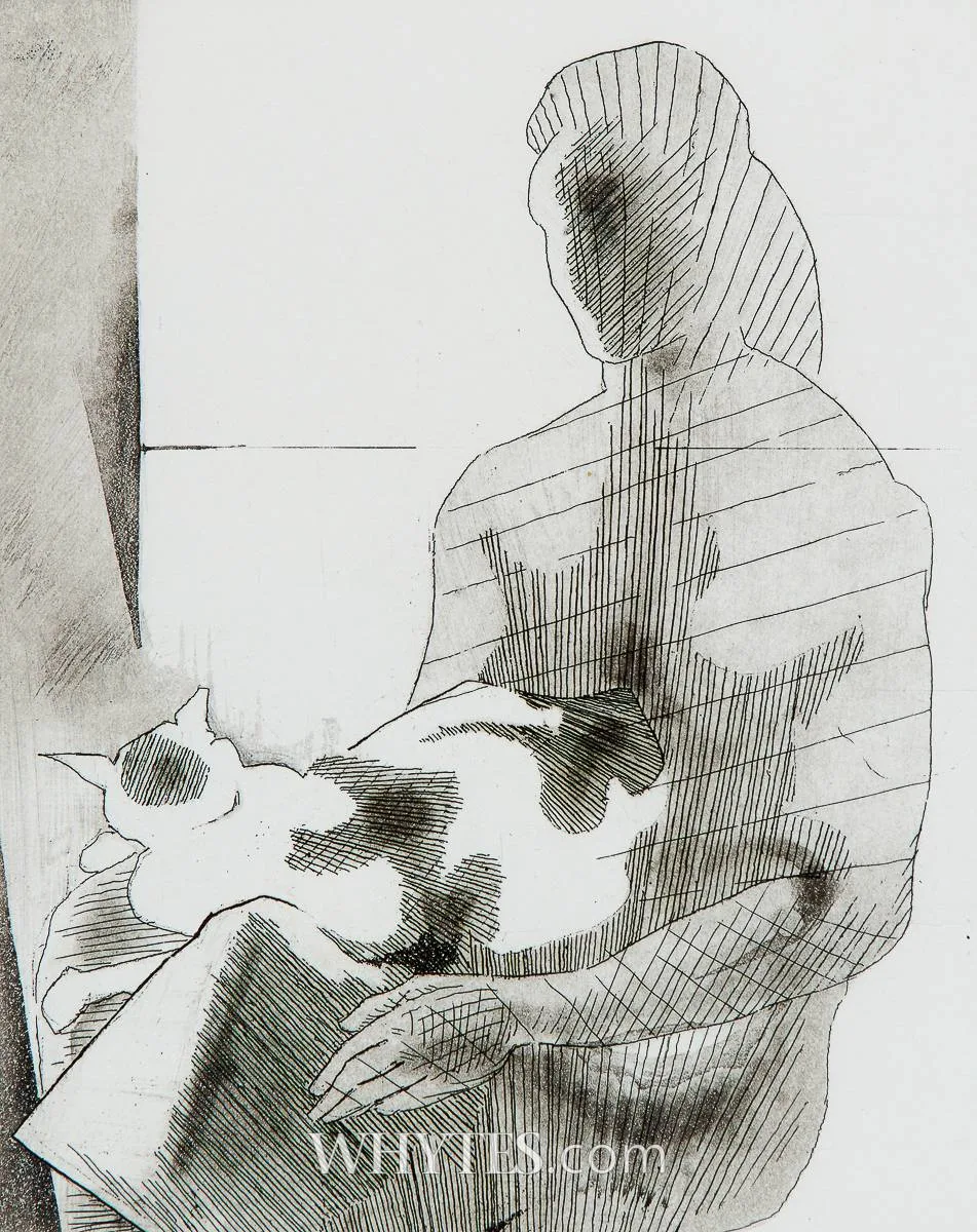 WOMAN WITH CAT by Patrick Pye, etching; (no. 22 from an edition of 24), sold Oct 2024