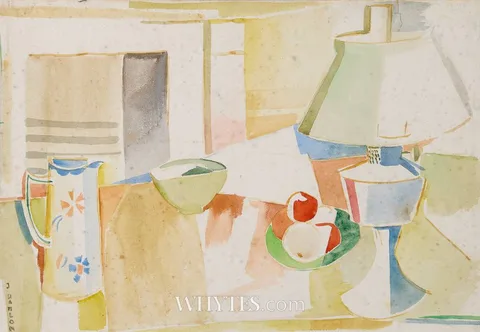 STILL LIFE WITH JUG AND FRUITS by Father Jack P. Hanlon, watercolour, sold Oct 2024