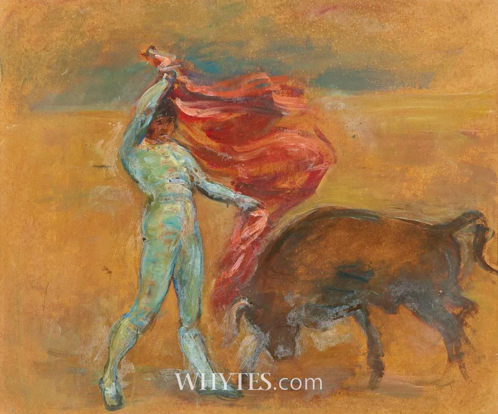 MATADOR AND BULL by Stella Steyn, oil on paper, offered Oct 2024