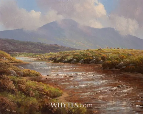 SHEEP BY A RIVER by Gerry Marjoram, oil on canvas, sold Oct 2024