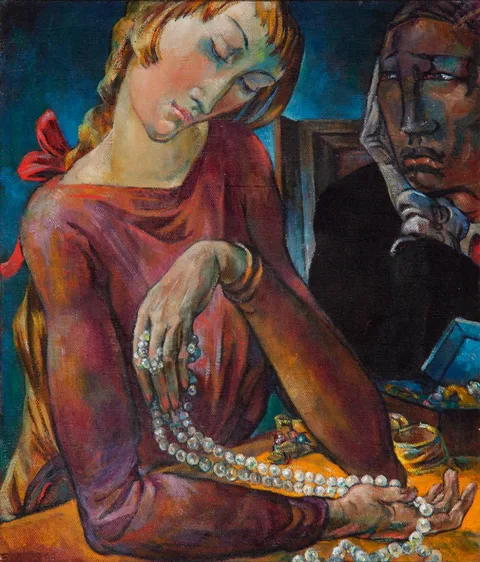 THE PEARL NECKLACE by Mary Swanzy, 1943, oil on canvas, sold Sep 2024